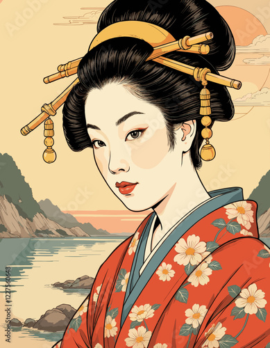 Vector illustration of a traditional Japanese woman in kimono, serene expression, cultural art.