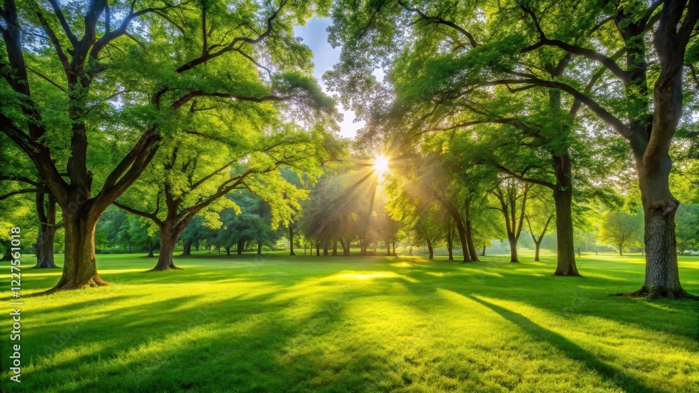 A lush green grass field in a public park with sunlight filtering through the trees and leaves , sunny days, nature elements A lush green grass field in a public park with sunlight filtering through the trees and leaves , sunny days, nature elements