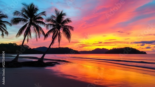 Tropical Sunset with Palm Trees and Vibrant Sky Reflections