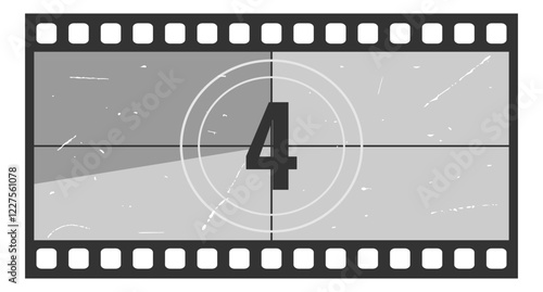 Vintage movie countdown filmstrip frame with number 4. Old movie timer counter in filmstrip. Retro cinema vector number count background with grunge texture