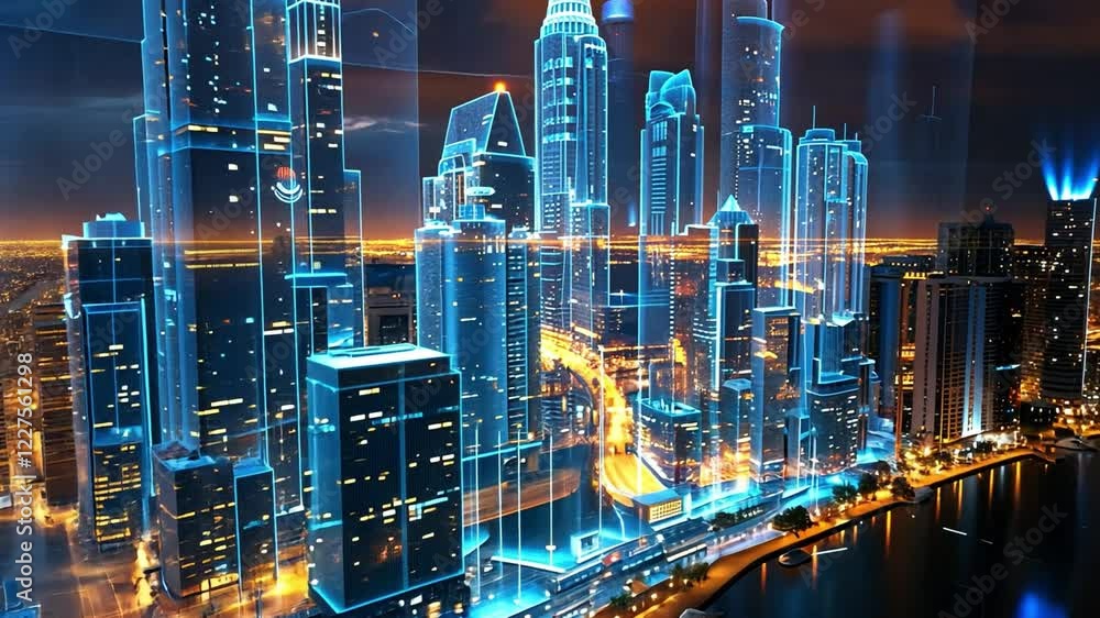 Illuminated futuristic city skyline at night with glowing buildings and waterfront reflections Illuminated futuristic city skyline at night with glowing buildings and waterfront reflections