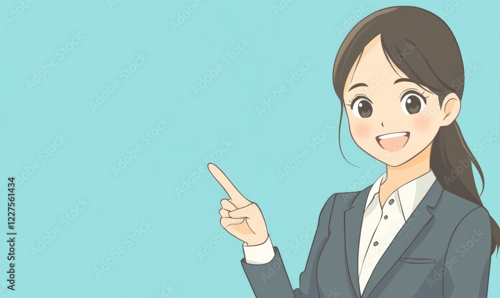 Smiling business woman pointing finger out. Light blue background with copyspace for your text. Illustration style Smiling business woman pointing finger out. Light blue background with copyspace for your text. Illustration style