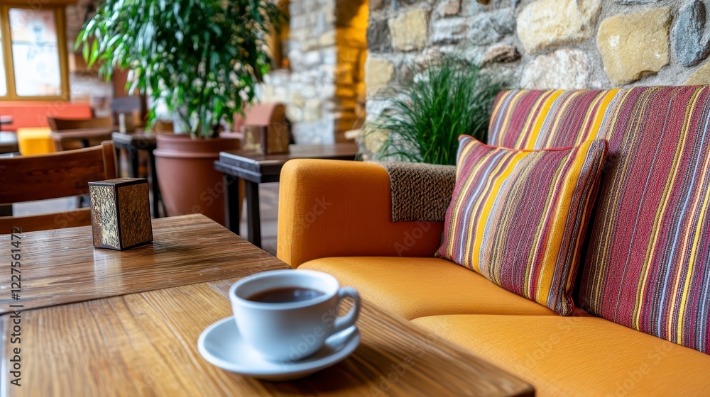Fototapeta premium Cozy Coffee Corner with Comfortable Sofa and Natural Decor Elements