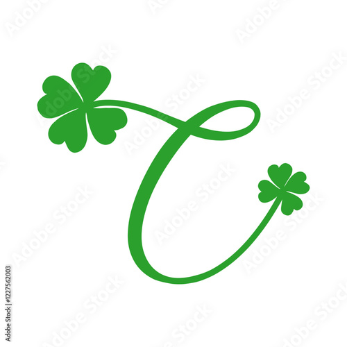 Símbolo de primavera. Logo con letra inicial C con trébol de cuatro hojas para felicitaciones y tarjetas del día de San Patricio