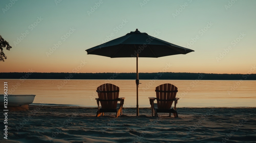 Serene Sunset Beach Scene: Two Adirondack Chairs Under an Umbrella Serene Sunset Beach Scene: Two Adirondack Chairs Under an Umbrella