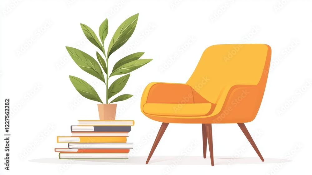 Fototapeta premium Cozy Library Corner with Books, Plant, and Stylish Chair for Modern Design