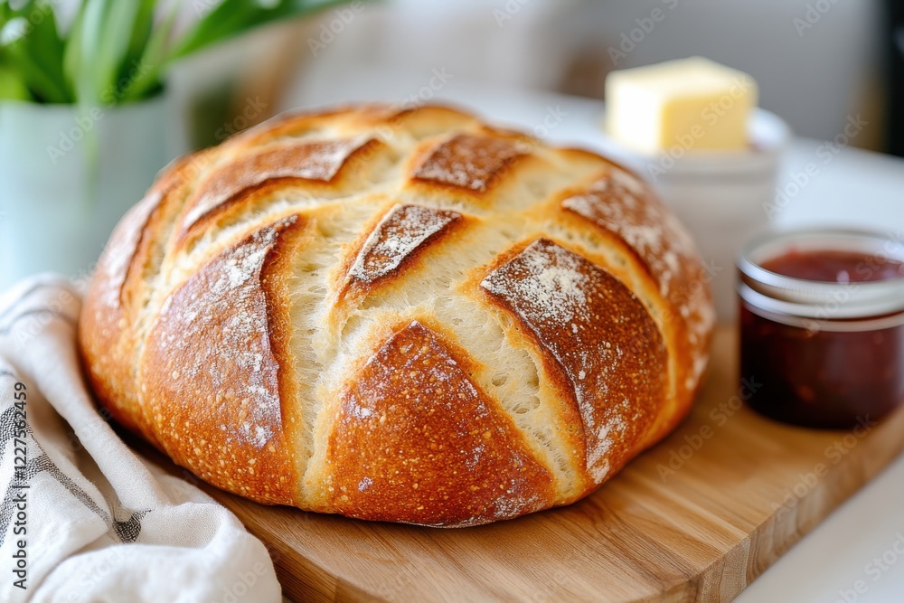 A visually appealing scene featuring a loaf of artisan bread with butter and jam, invitingly arranged on a wooden board, perfect for evoking feelings of warmth and comfort. A visually appealing scene featuring a loaf of artisan bread with butter and jam, invitingly arranged on a wooden board, perfect for evoking feelings of warmth and comfort.