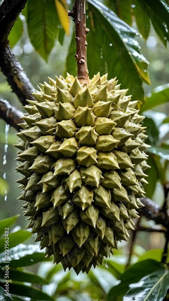 Close-up of fresh spiky durian fruit hanging on tree branch with water droplets. Seamless looping 4k time-lapse animation video background Close-up of fresh spiky durian fruit hanging on tree branch with water droplets. Seamless looping 4k time-lapse animation video background