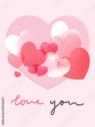 Valentines Day greeting card with textured heart balloons and phrase Love you. Vector illustration