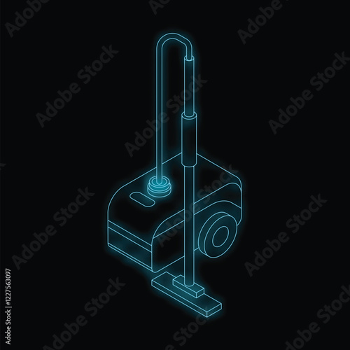 Illustration of a vacuum cleaner with glowing neon blue lines on a black background