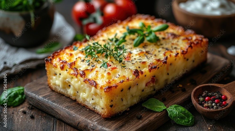 Baked cheesy pasta casserole on wooden board. Baked cheesy pasta casserole on wooden board.