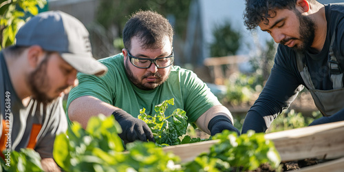 Three Men Gardening in Raised Planters photo