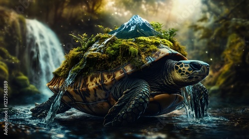 A turtle carrying a moss-covered mountain on its shell, waterfalls cascading down photo