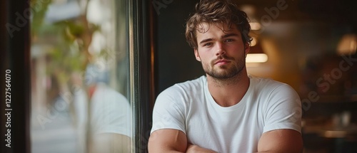 Man in casual white t-shirt sitting at a cafÃ©, looking thoughtfully out the window, reflecting on life, work, and personal growth in a modern setting. photo