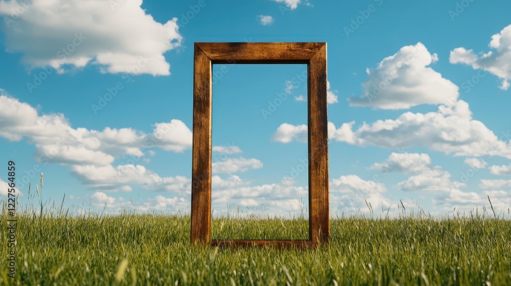 Wooden Frame in Green Grass Under Bright Blue Sky with Clouds Wooden Frame in Green Grass Under Bright Blue Sky with Clouds