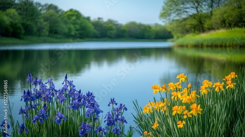 A peaceful lakeside view with blooming wildflowers along the shore, including purple irises and yellow daffodils, with the calm water reflecting the colorful flowers and surrounding trees.