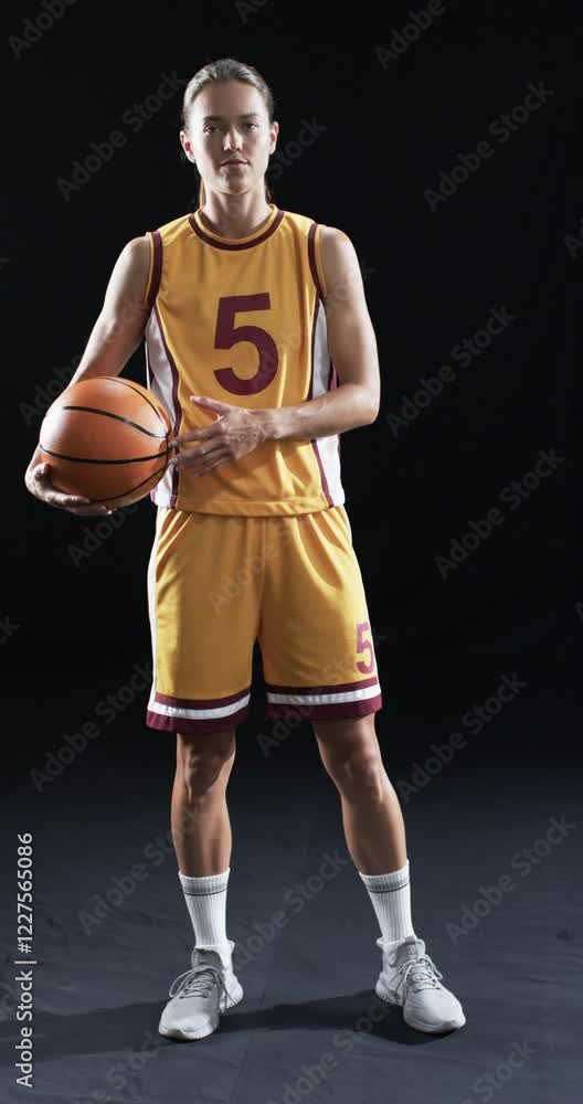 Vertical video: Holding basketball, strong and fit athlete in sports uniform posing confidently Vertical video: Holding basketball, strong and fit athlete in sports uniform posing confidently