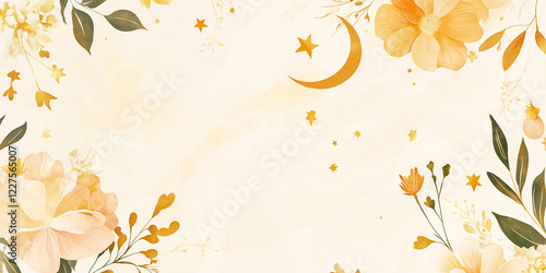 Minimalist elegant ramadan background with star, crescent and muted floral decorations, white beige background