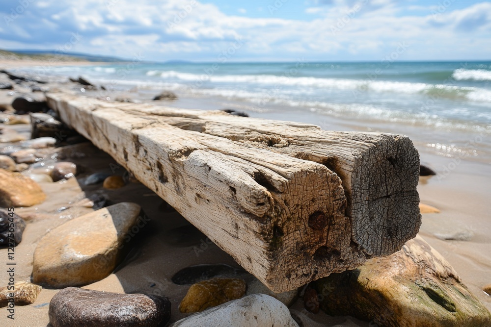 A beach with scattered wooden beams from a shipwreck, hinting at the area former use as a busy shipping port A beach with scattered wooden beams from a shipwreck, hinting at the area former use as a busy shipping port