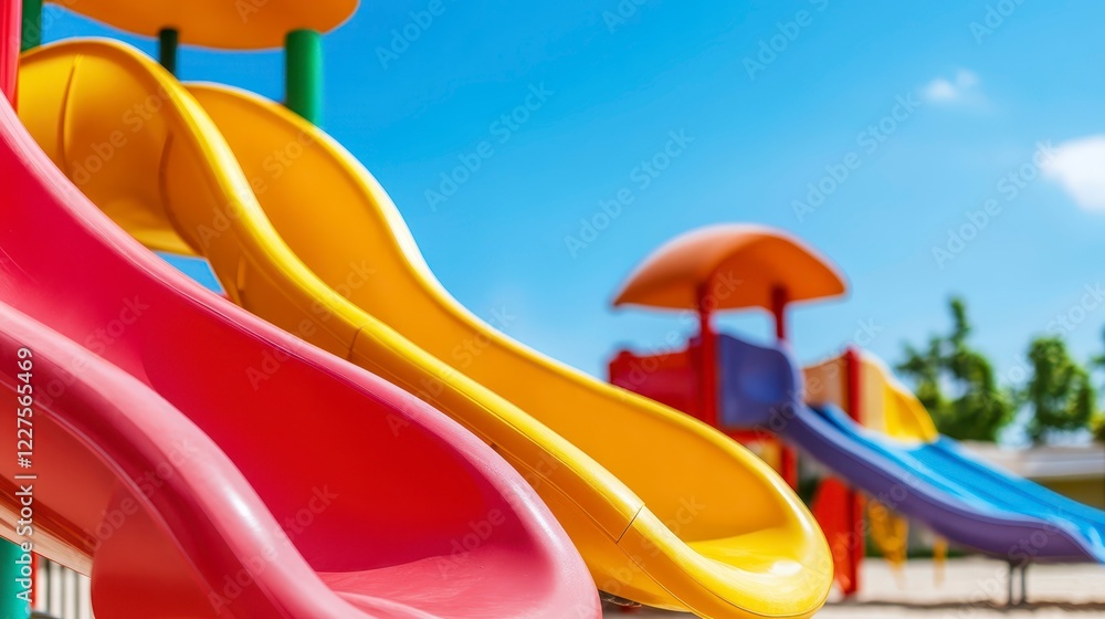 Colorful Playground Slides Under Bright Blue Sky in Daylight Colorful Playground Slides Under Bright Blue Sky in Daylight