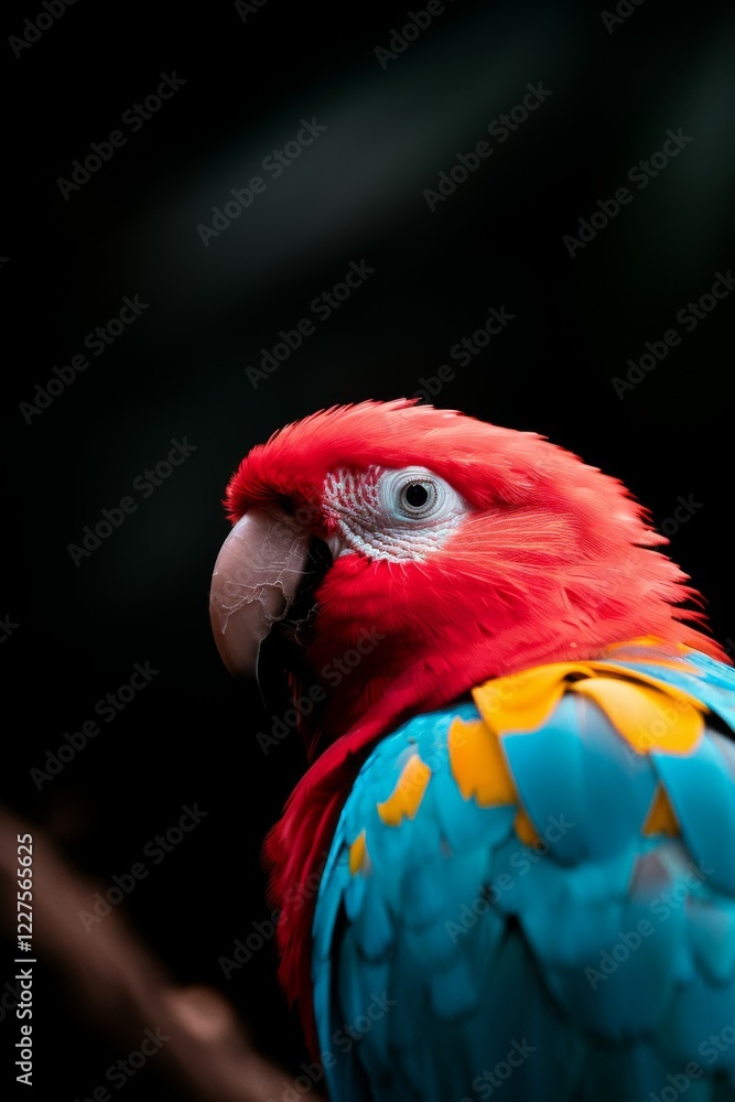 Obraz premium Colorful Parrot: A brightly colored parrot perched on a tree branch in a tropical rainforest.