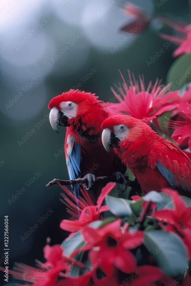 Obraz premium Colorful Parrot: A pair of brightly colored parrots perched on a tree branch in a tropical rainforest.