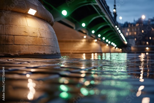 An alluring view showcasing the enchanting reflections of lights and the intricate structure of a bridge illuminated throughout the calm water at night. photo