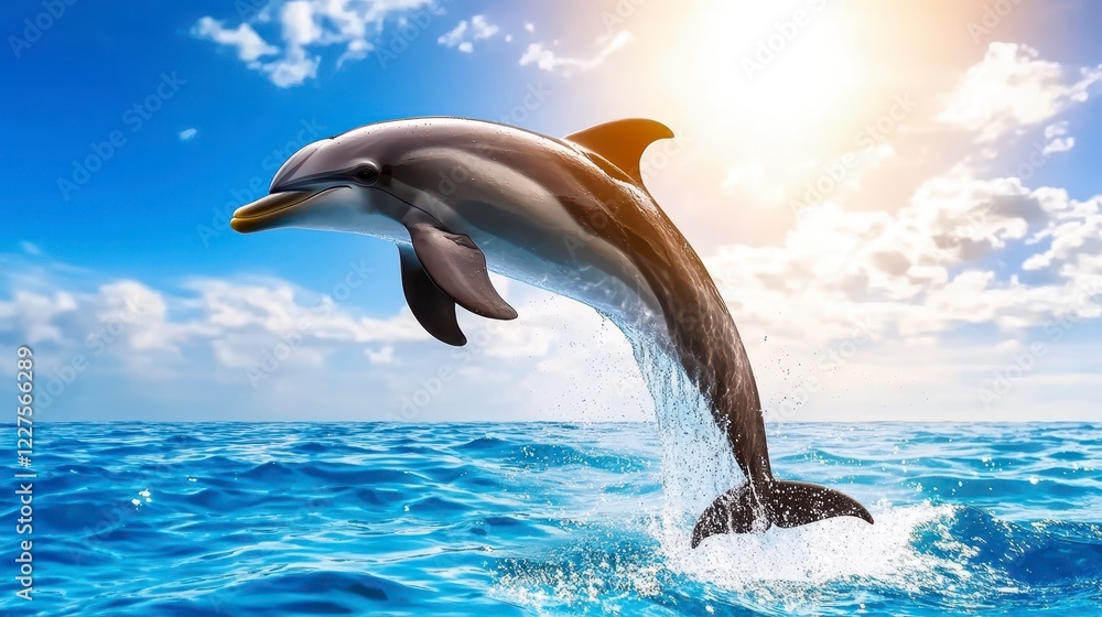 Fototapeta premium Dolphin Leaping Above Ocean Surface Under Bright Sky and Sun