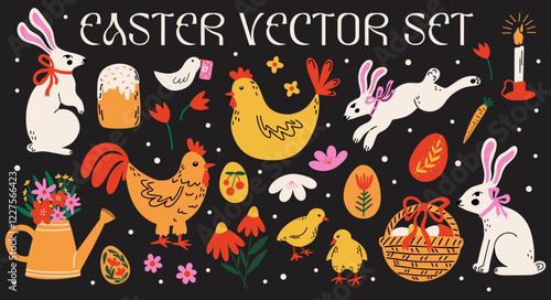 Easter holiday concept vector stickers design elements set. Collection of groovy funky cartoon illustration of white bunny, rabbit, chiken, eggs, traditional food, candles, spring flowers