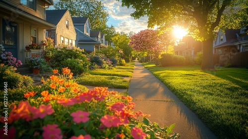 Fototapeta Naklejka Na Ścianę i Meble -  Small-town summer charm a quiet, sun-drenched street in a small town during the summer, with charming cottages and blooming flowers lining the sidewalk.