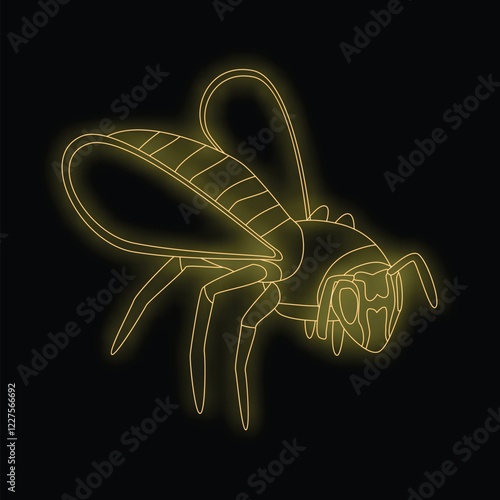 Neon yellow bee flying with its stinger out on a black background