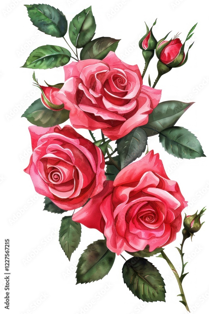 Fototapeta premium Beautiful Pink Roses with Fresh Green Leaves