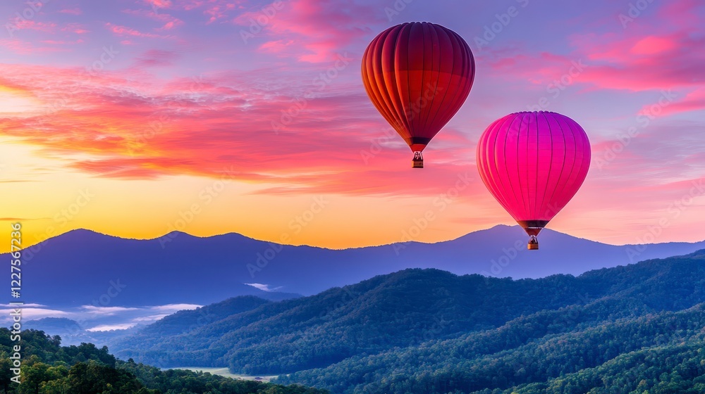 Fototapeta premium Colorful Hot Air Balloons Floating Over Scenic Mountain Landscape