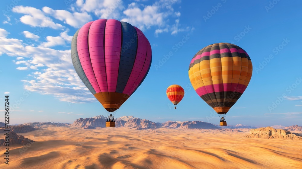 Fototapeta premium Colorful Hot Air Balloons Flying Over Sandy Desert Landscape