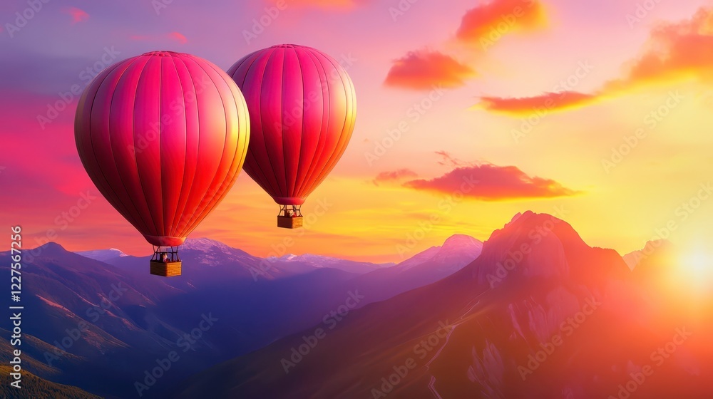 Fototapeta premium Scenic Hot Air Balloons Flying at Sunset Over Majestic Mountains