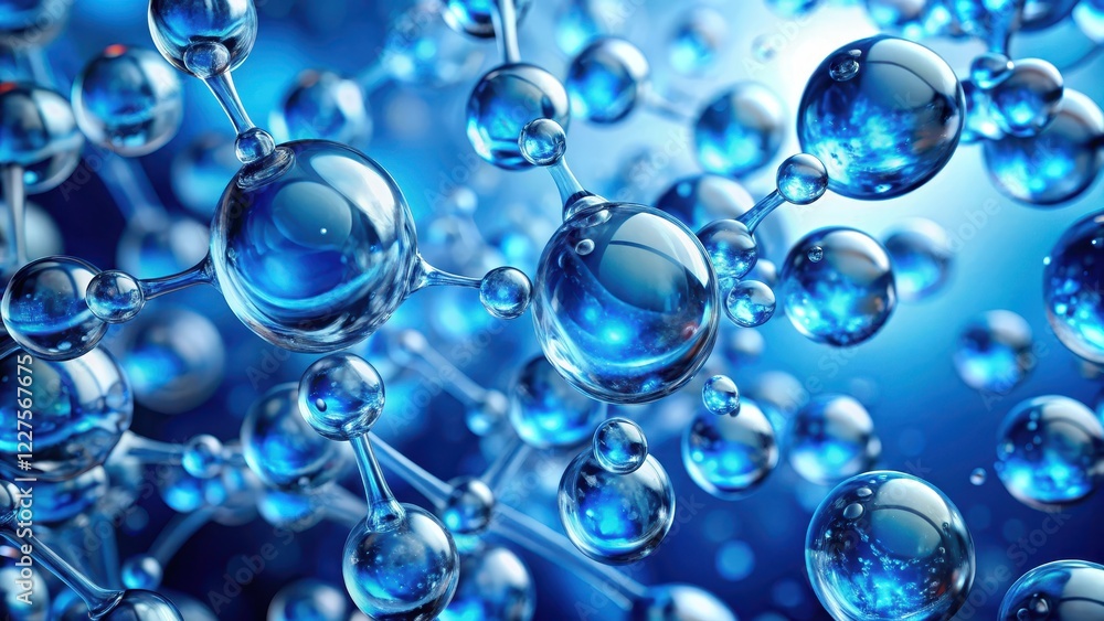 Microscopic view of blue water molecules suspended in a clear liquid , chemistry, drops Microscopic view of blue water molecules suspended in a clear liquid , chemistry, drops