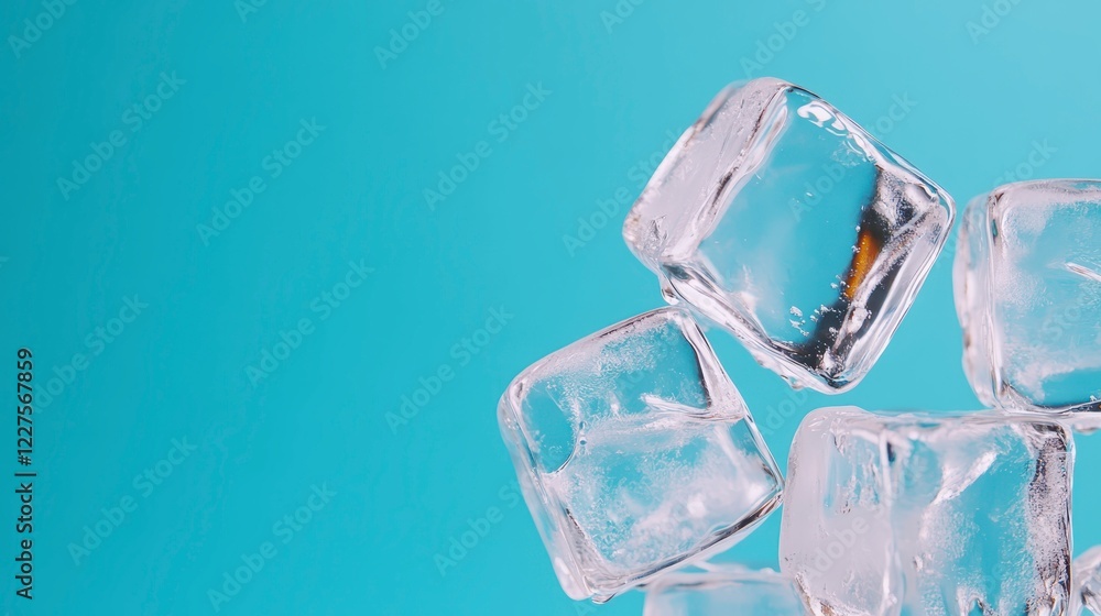 Clear Ice Cubes on Blue Background for Refreshing Beverage Moments Clear Ice Cubes on Blue Background for Refreshing Beverage Moments