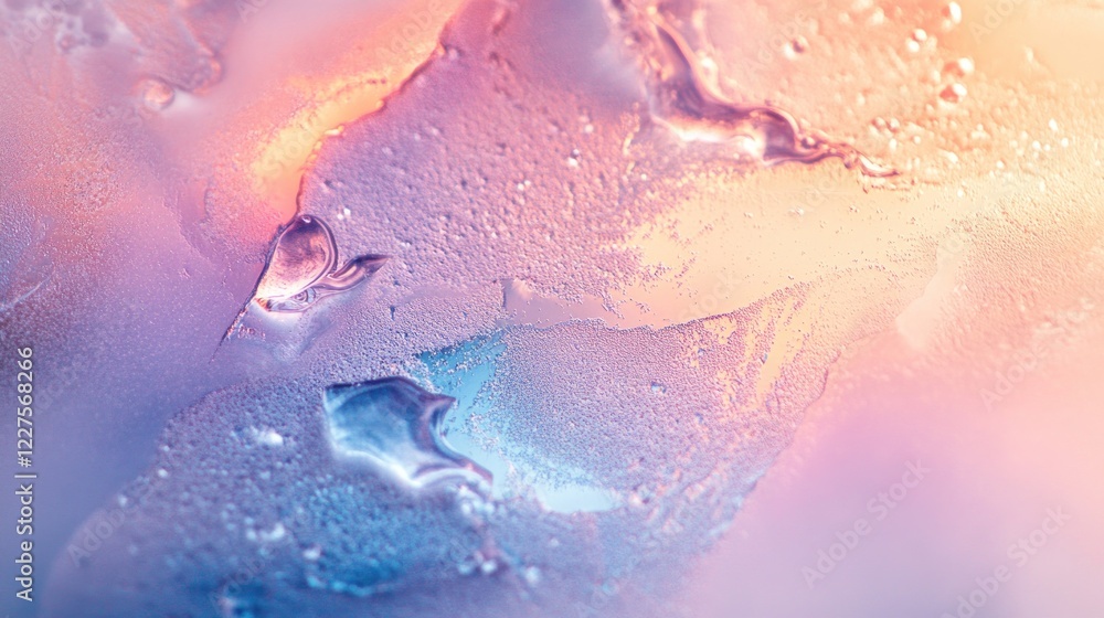Delicate frosty windowpane with intricate ice patterns and soft pink and blue hues Delicate frosty windowpane with intricate ice patterns and soft pink and blue hues