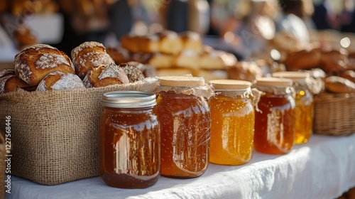 A table filled with baked goods and preserves at a local fair, with a focus on jars of honey and fresh bread. A rustic aesthetic creates a warm and inviting atmosphere. photo