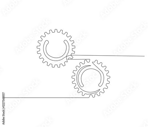 Gears wheel in one continuous line drawing. Symbol of idea for business or technology and start up. Machinery cogwheels in simple linear style. Editable stroke. Doodle line illustration