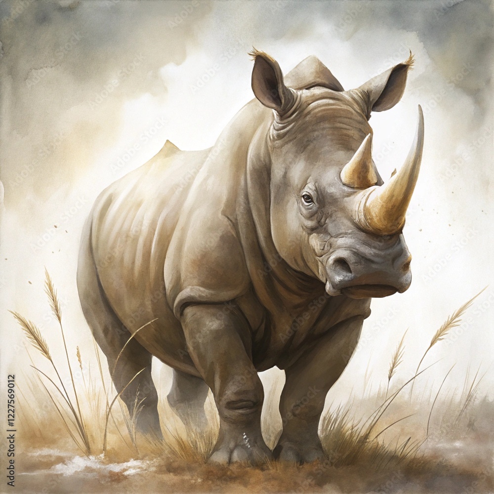 Fototapeta premium The Rhino, with its thick skin and imposing presence, is a true giant of the African wild.