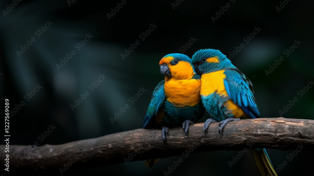 Obraz premium Colorful Parrot: A pair of brightly colored parrots perched on a tree branch in a tropical rainforest.