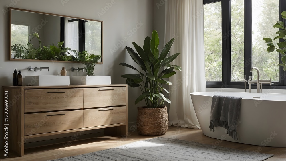 Fototapeta premium Clean and nature Interior concept of bathroom with bathtub, curtain and big window. Ai Generative.