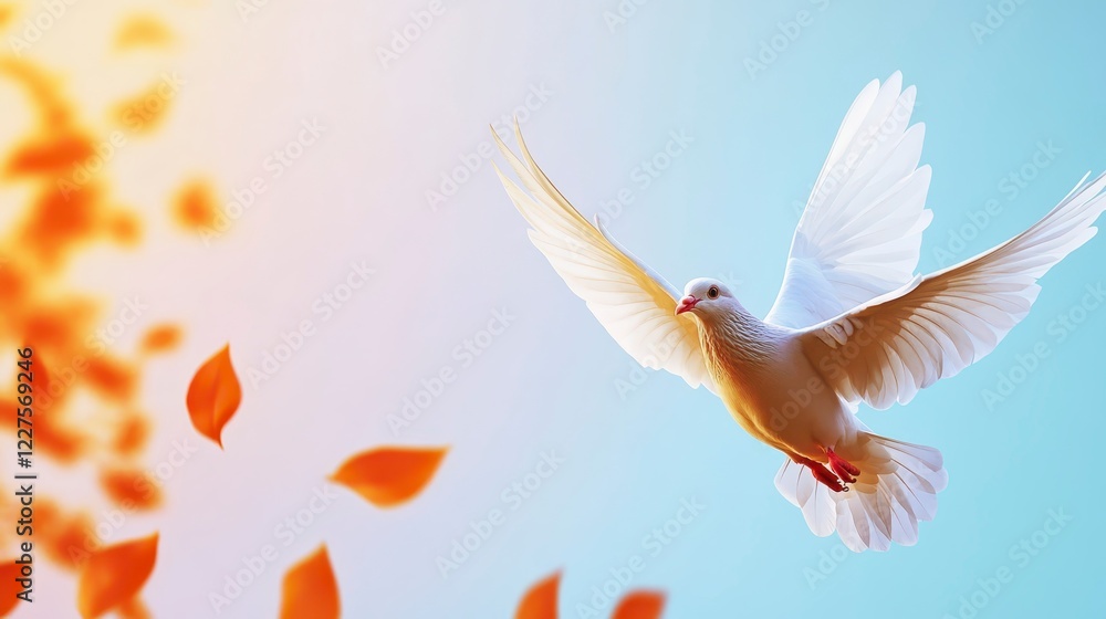 Obraz premium White Dove in Flight Against a Colorful Background with Leaves