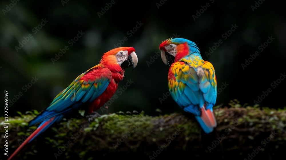 Obraz premium Colorful Parrot: A pair of brightly colored parrots perched on a tree branch in a tropical rainforest.