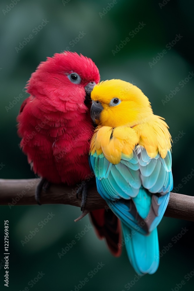 Obraz premium Colorful Parrot: A pair of brightly colored parrots perched on a tree branch in a tropical rainforest.