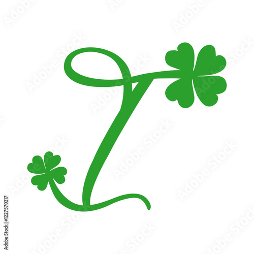 Símbolo de primavera. Logo con letra inicial I con trébol de cuatro hojas para felicitaciones y tarjetas del día de San Patricio