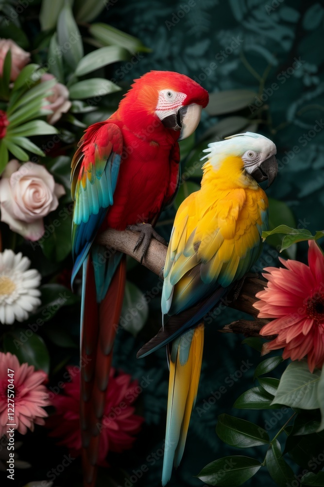 Fototapeta premium Colorful Parrot: A pair of brightly colored parrots perched on a tree branch in a tropical rainforest.