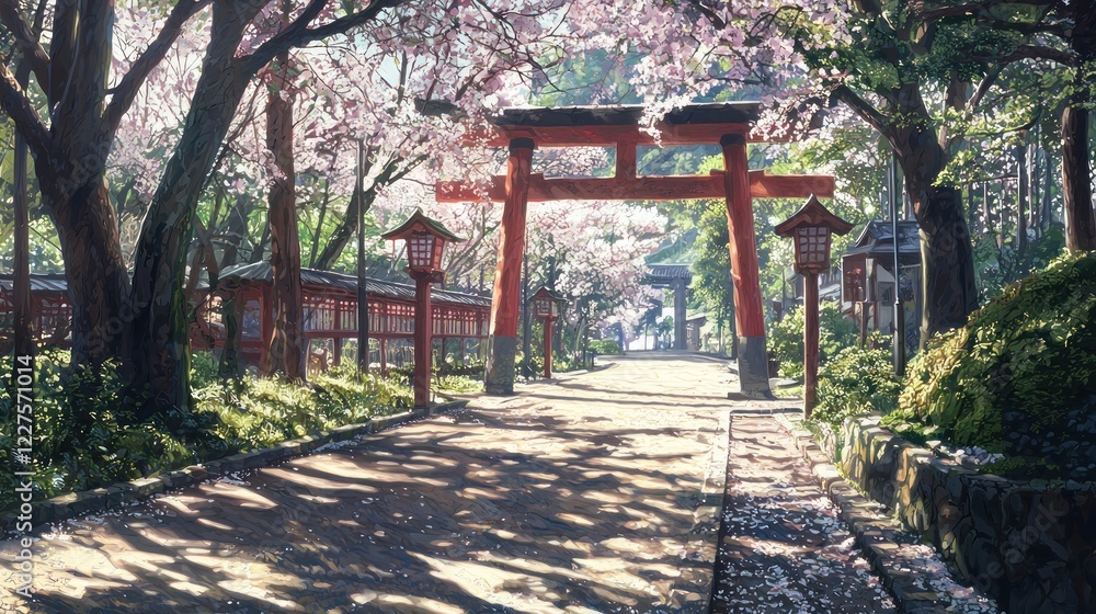 Serene cherry blossom path leads to a torii gate in a Japanese shrine; perfect for travel brochures Serene cherry blossom path leads to a torii gate in a Japanese shrine; perfect for travel brochures
