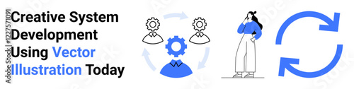 Gear links, arrows forming a cycle, and a thoughtful woman symbolize system processes, teamwork. Ideal for innovation, workflow, development, strategy, progress collaboration flat landing page